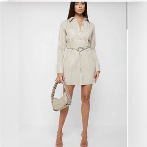 Vegan Leather Pleated Shirt Dress - Stone